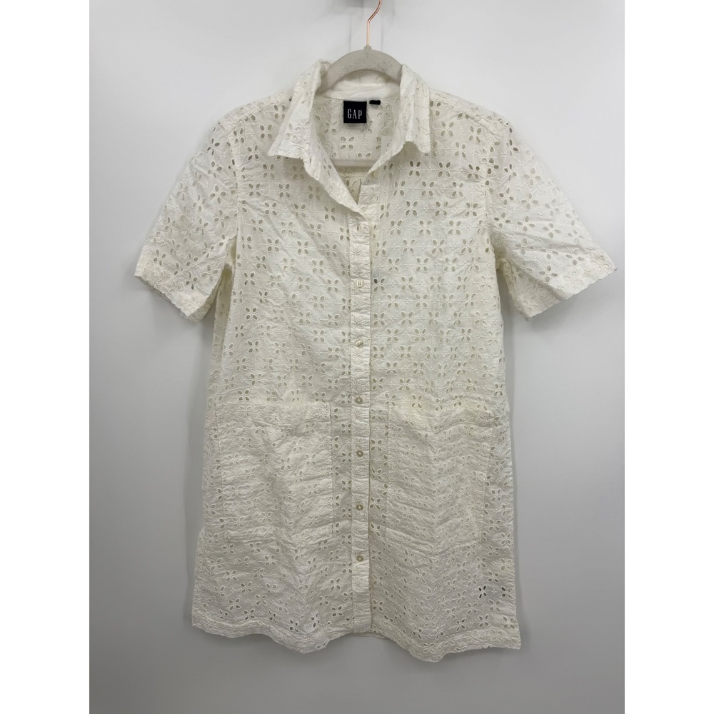 NWT GAP Eyelet Mini Shirt Dress Womens S White Short Sleeve Floral Button Front